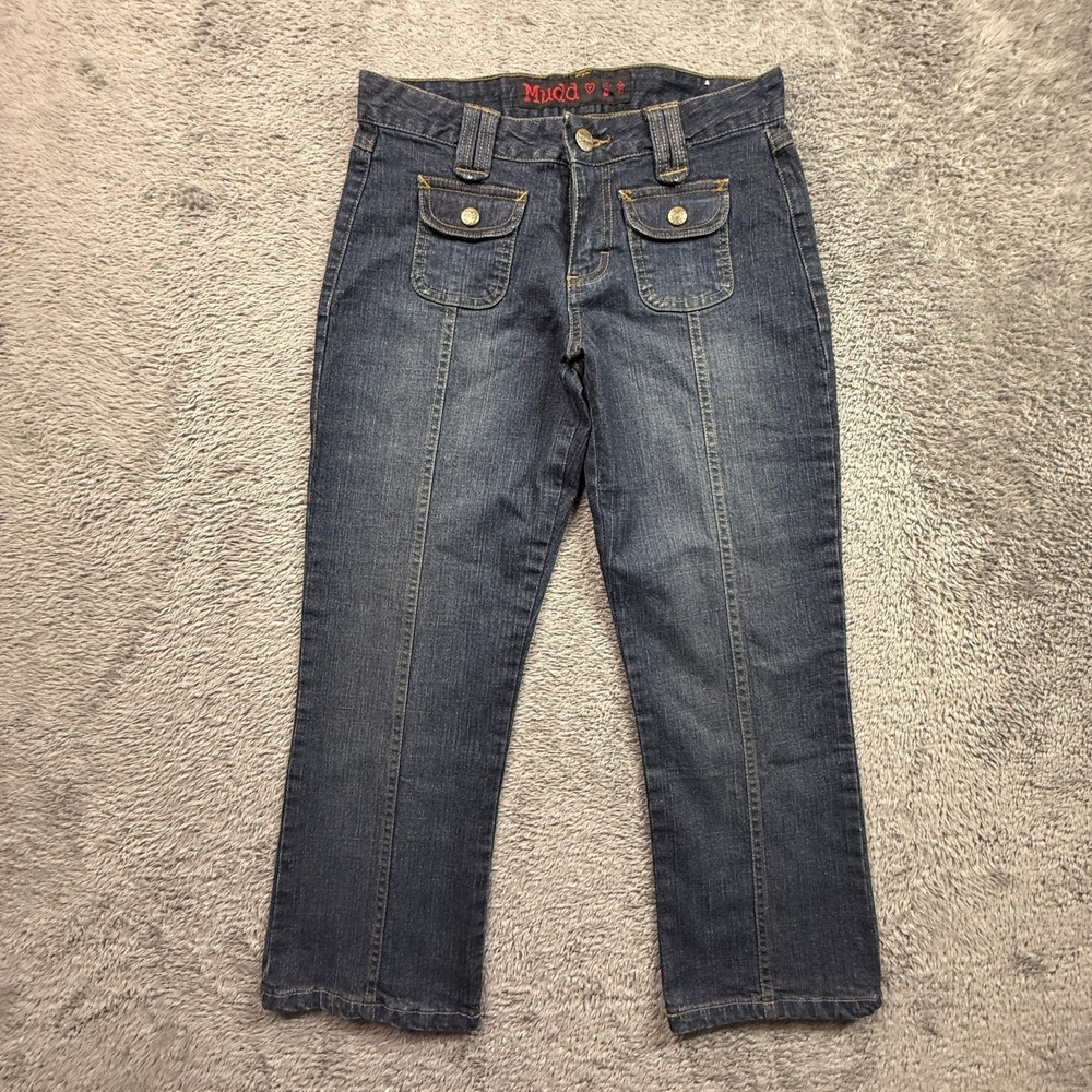 Vintage Y2K Mudd Jeans Juniors 3 Cropped 26x23 Dark Wash Denim Flap Pockets